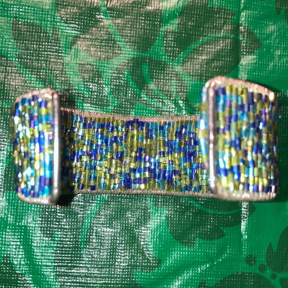 CUFF BRACELET shades of blue beads on inside & outside, some MOP $25 - Picture 3 of 5